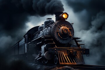 Locomotive, old steam train at night, Generative AI