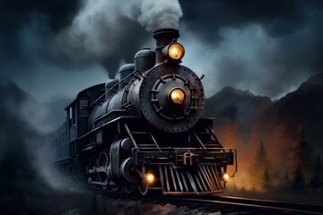 Locomotive, old steam train at night, Generative AI