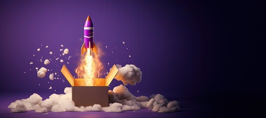 Rocket flying from cardboard box on purple background with copy space, Generative AI
