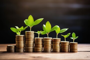 Plants growing on top of stacks of coins in a row on top of wooden table, financial growth concept, Generative AI