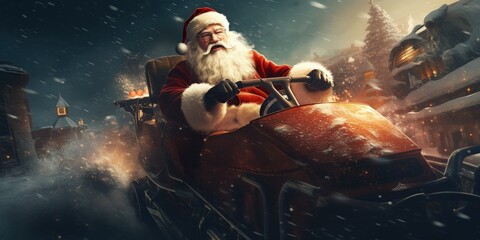 Santa Claus driving sleigh in snow in village, Generative AI
 - obrazy, fototapety, plakaty