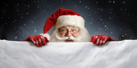 Santa Claus peeking out from behind white cloth in the snow, Generative AI - obrazy, fototapety, plakaty