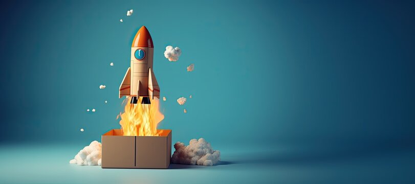 Rocket flying from cardboard box on blue background with copy space, startup concept, Generative AI