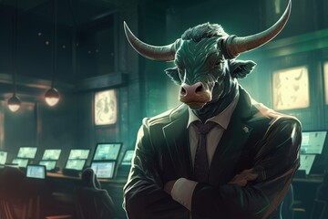Fototapeta na wymiar Bull-headed businessman wearing green suit in financial market office with multiple screens and monitors, Generative AI