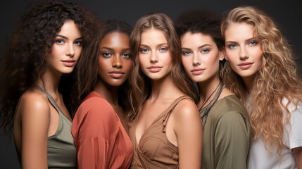 Obraz premium Portrait of beautiful women of different races smiling and happy on studio background