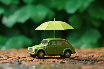 Miniature car covered by umbrella on green background, vehicle insurance concept, Generative AI