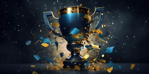 Winner trophy on dark background with golden confetti, golden and blue trophy, Generative AI - obrazy, fototapety, plakaty