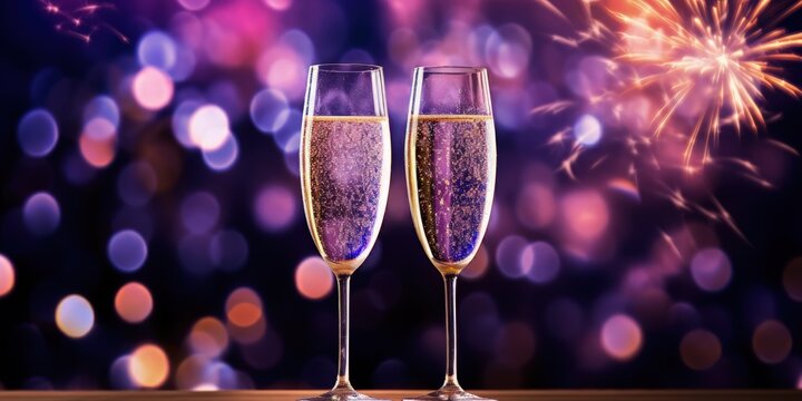 Two glasses with champagne with blurred purple lights and fireworks in the background, Generative AI