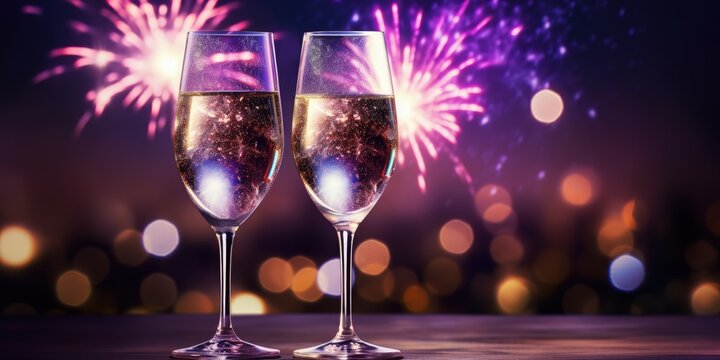 Two glasses with champagne with blurred purple lights and fireworks in the background, new year's eve, Generative AI
