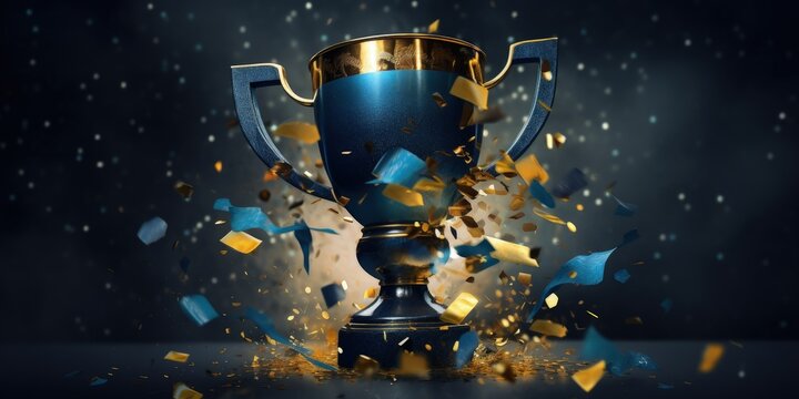 Winner trophy on dark background with golden confetti, golden and blue trophy, Generative AI