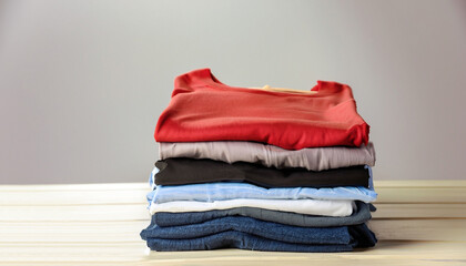 Stack of clothes on table against light background