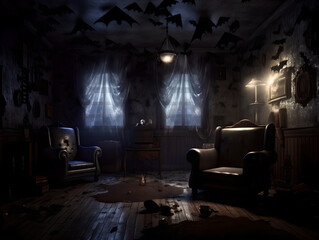 Empty dark haunted house room. Abandoned haunted house at night with dark atmosphere, moonlight and fog coming from broken window. Halloween theme and horror background.