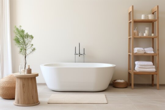 Bathtub and table with cosmetic products in beige bathroom Shower project, modern design, trend 2023.