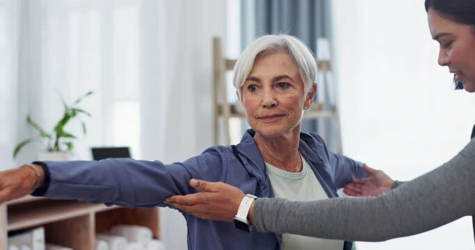Woman, patient and physiotherapy in elderly care for yoga, fitness or nursing and stretching body at old age home. Female nurse, physio or caregiver helping senior person for exercise in retirement