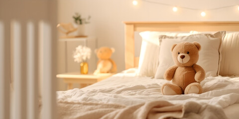 Children's bed with toy bear in cozy bed, Cute teddy bear sitting on children's bedroom - Powered by Adobe