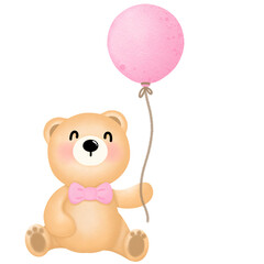 A little bear wearing a pink bow holding a cute pink balloon. used as an illustration
