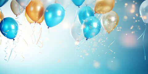 birthday party balloons with confetti on light blue background - Generative AI