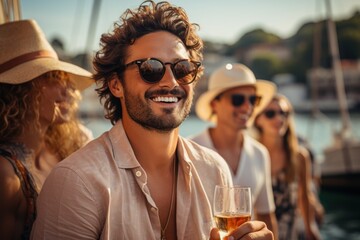 Group of diverse friends drink champagne while having a party in yacht. Attractive young men and women hanging out, celebrating holiday vacation trip while catamaran boat sailing