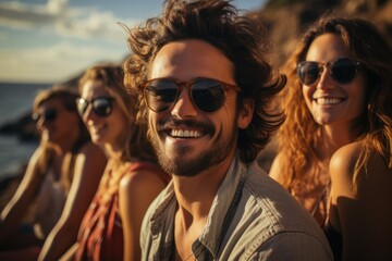 Group of diverse friends drink champagne while having a party in yacht. Attractive young men and women hanging out, celebrating holiday vacation trip while catamaran boat sailing