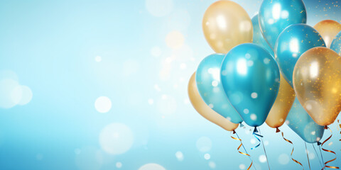 birthday party balloons with confetti on light blue background - Generative AI - obrazy, fototapety, plakaty