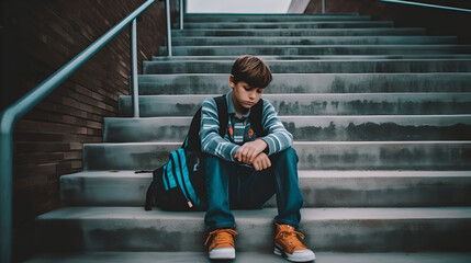 Sad young boy sitting alone sad feeling at school hallway. Depressed kid with hands on knees and crying