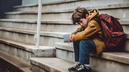 Sad young boy sitting alone sad feeling at school hallway. Depressed kid with hands on knees and crying