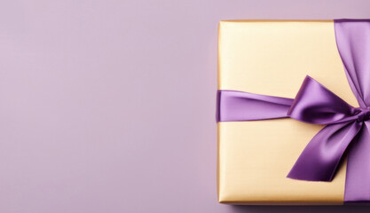 Minimalist banner with copy space, gift box. Lilac and golden colours. 