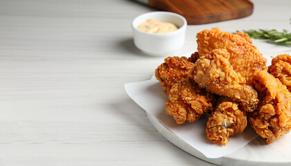 Tasty deep fried chicken pieces on white table. Space for text