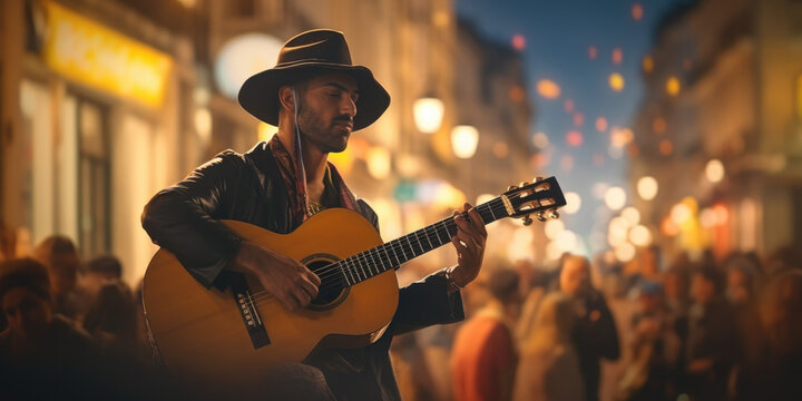 Strings of the Streets. Musician Strumming His Guitar in an Energetic Street Performance. AI Generative
