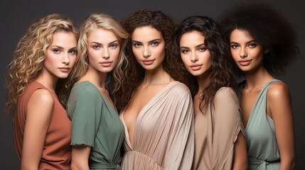 Obraz premium Portrait diversity beauty women with skincare smile and happy models, different and empowerment with motivation against studio background