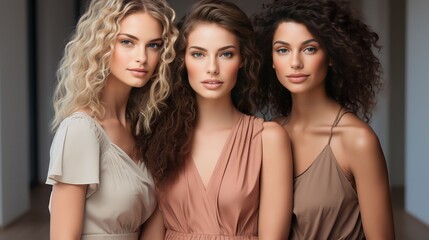 Obraz premium Portrait diversity beauty women with skincare smile and happy models, different and empowerment with motivation against studio background