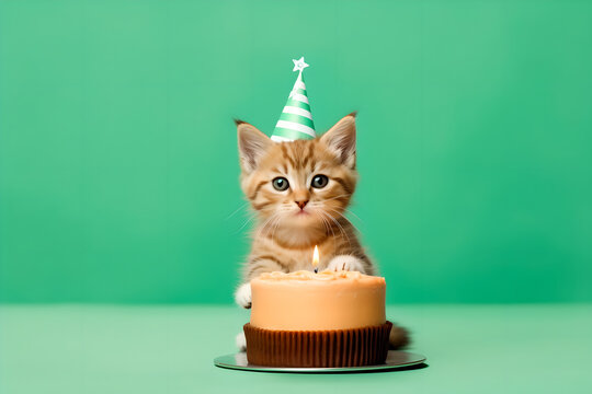 cute cat in party hat with birthday cake on flat green background.