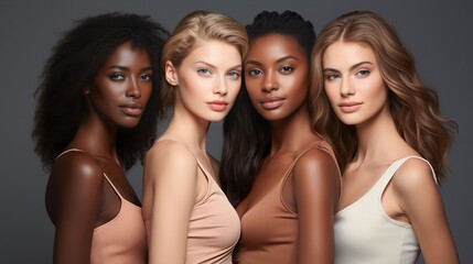 Obraz premium Portrait diversity beauty women with skincare smile and happy models, different and empowerment with motivation against studio background