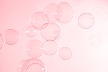 Beautiful Transparent Pink Soap Bubbles Floating in The Air. Abstract Background, Pink Textured, Celebration Festive Romance Backdrop, Refreshing of Soap suds, Bubbles Water. - obrazy, fototapety, plakaty