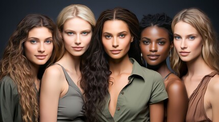 Obraz premium Portrait diversity beauty women with skincare smile and happy models, different and empowerment with motivation against studio background