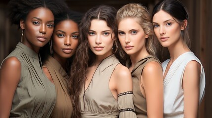Obraz premium Portrait diversity beauty women with skincare smile and happy models, different and empowerment with motivation against studio background