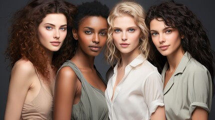 Fototapeta premium Portrait diversity beauty women with skincare smile and happy models, different and empowerment with motivation against studio background