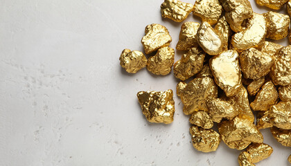 Pile of shiny gold nuggets on white textured table, flat lay. Space for text