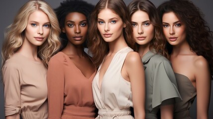 Obraz premium Portrait diversity beauty women with skincare smile and happy models, different and empowerment with motivation against studio background