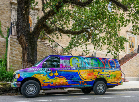 Colorful Van for the Greater New Orleans Youth Orchestra Parked on St. Charles Avenue in Front of the St. Charles Avenue Baptist Church on August 2, 2023 in New Orleans, Louisiana, USA