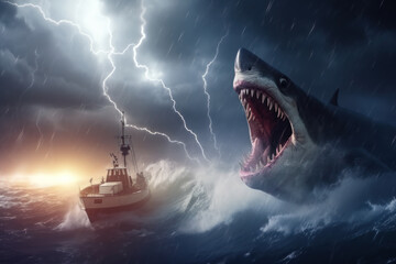 The giant shark megalodon attacks a ship in a stormy sea. © semerokozlyat