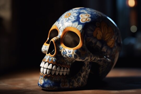 day of the dead mexican skull, traditional talavera hand painted pottery mayan blue skeleton head with golden adornments, beautiful ornate, old death ritual in Mexico
