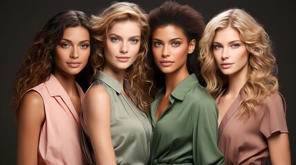 Obraz premium Portrait diversity beauty women with skincare smile and happy models, different and empowerment with motivation against studio background