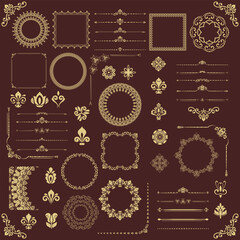 Vintage set of vector horizontal, square and round elements. Elements for backgrounds and frames. Classic brown and golden patterns. Set of vintage patterns - 630940488