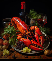 Big lobster on black plate with vegetables and drink
