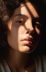 Fototapeta premium A sensual studio portrait of a glamorous and fashionable woman with beautiful skin in shadows and sunlight. Cosmetic and makeup.