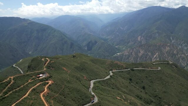 Drone Shot of Mountain Road Above Chicamocha Canyon in Countryside Landscape of Colombia