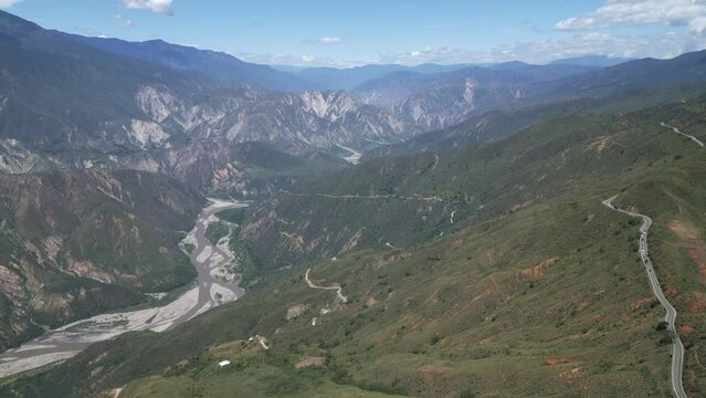 Chicamocha Canyon, Colombia. Panoramic Aerial View of Landscape, River and Green Hills
