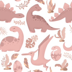 Seamless vector pattern with cute hand drawn cartoon dinosaurs, leaves and branches isolated on white background. Boho illustration for card,  textile, nursery decoration, wallpaper, print