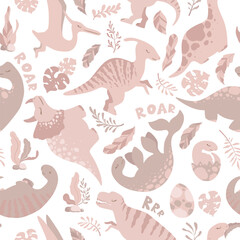 Seamless vector pattern with cute hand drawn cartoon dinosaurs, leaves and branches isolated on white background. Boho illustration for nursery decoration, print, card, textile, wallpaper